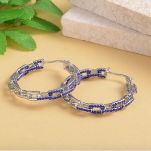 Blue Austrian Crystal Paper Clip Chain Hoop Earrings in Silvertone
